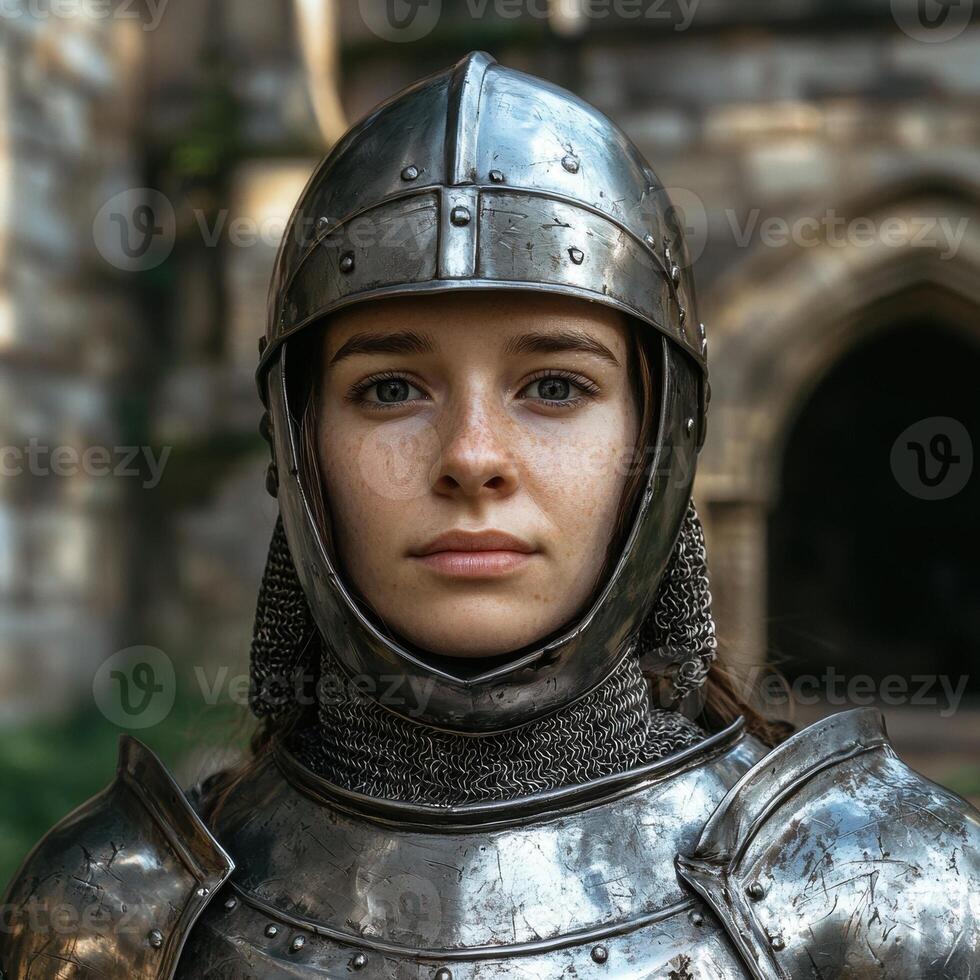 Female knight in medieval armor photo