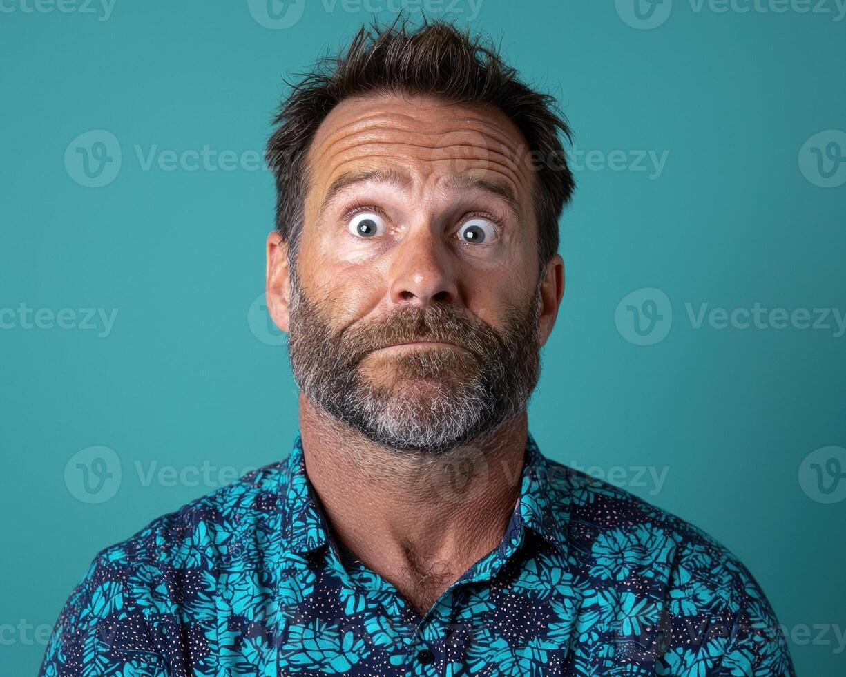 Surprised man with wide eyes and beard looking at the camera photo
