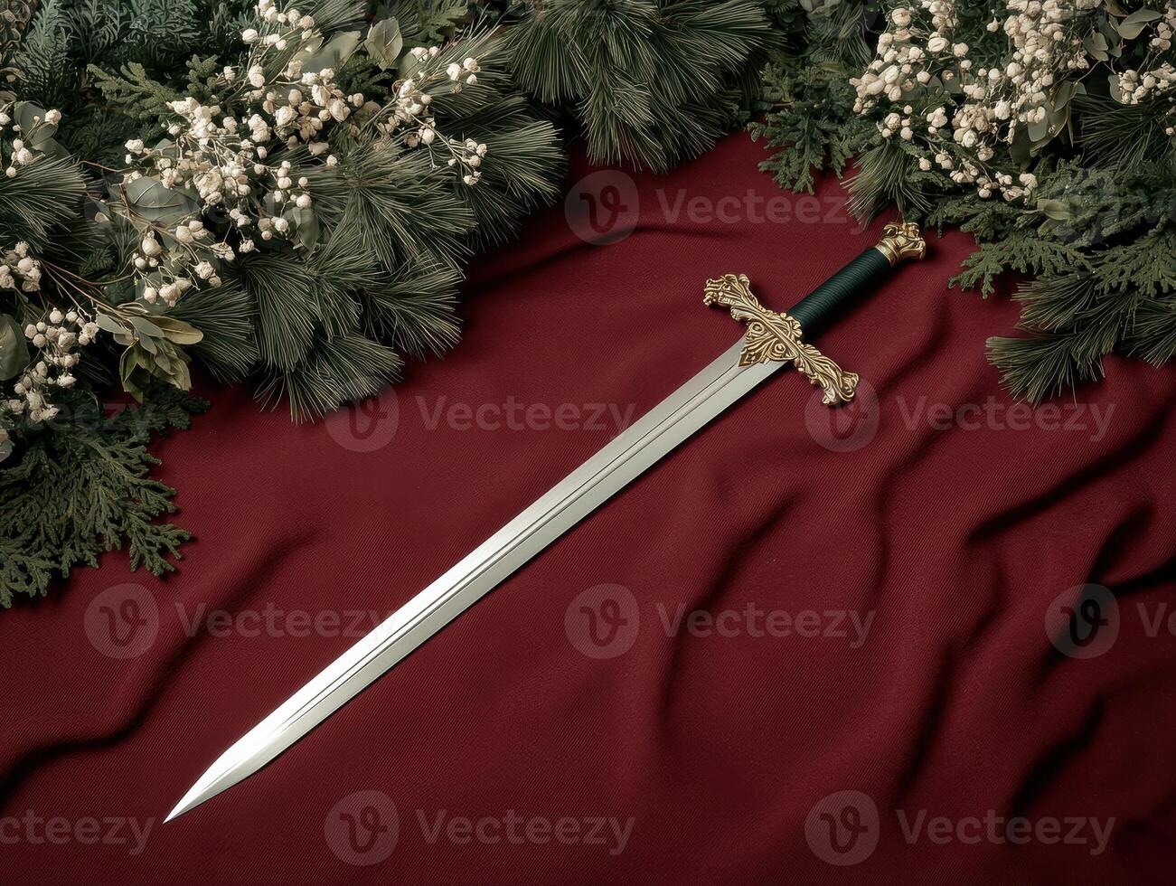 Ornate sword on red fabric with winter greenery photo