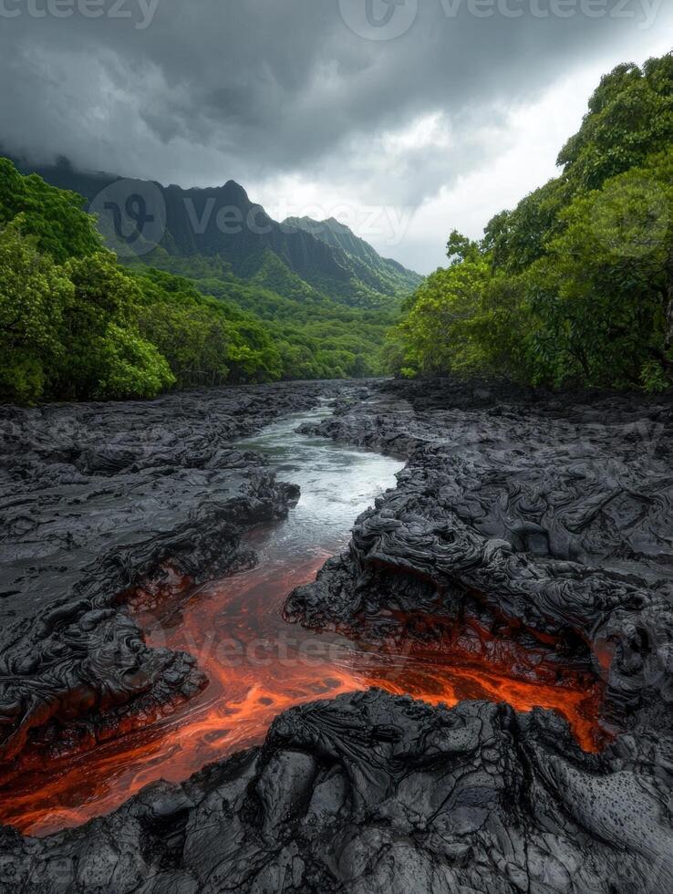 Lava flow in a riverbed surrounded by lush green vegetation and dramatic mountains photo
