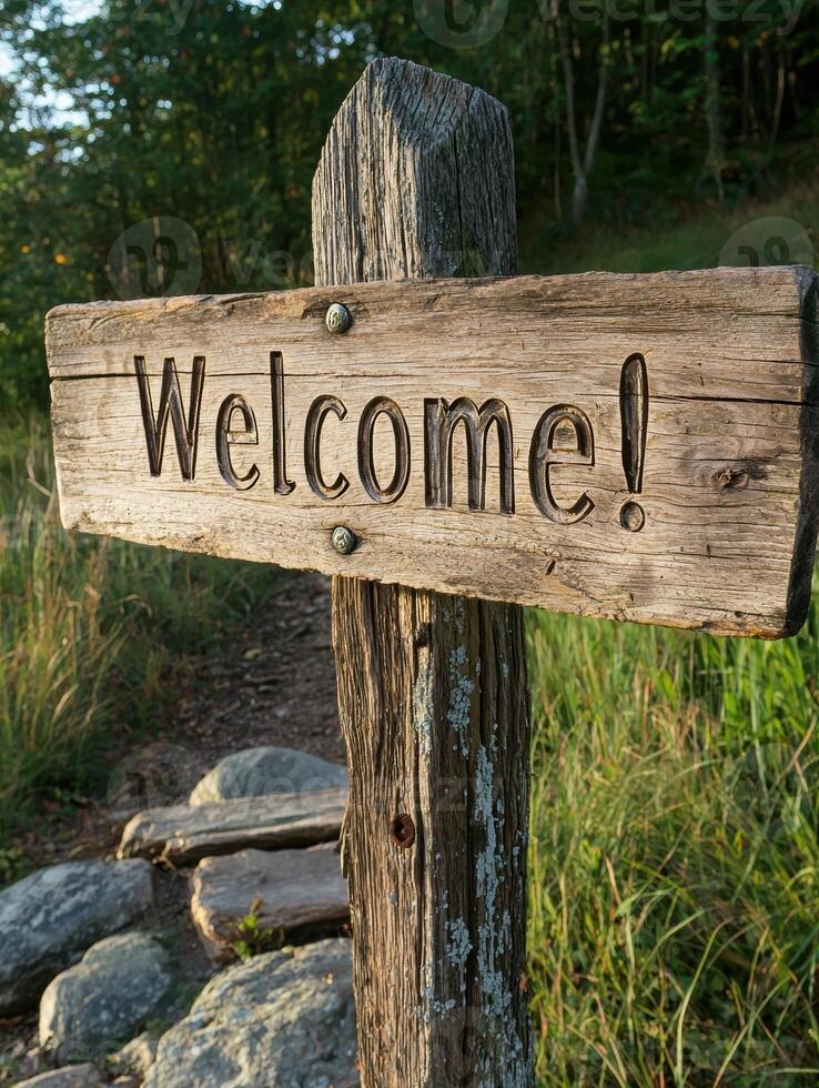 Rustic wooden welcome sign on a nature trail photo