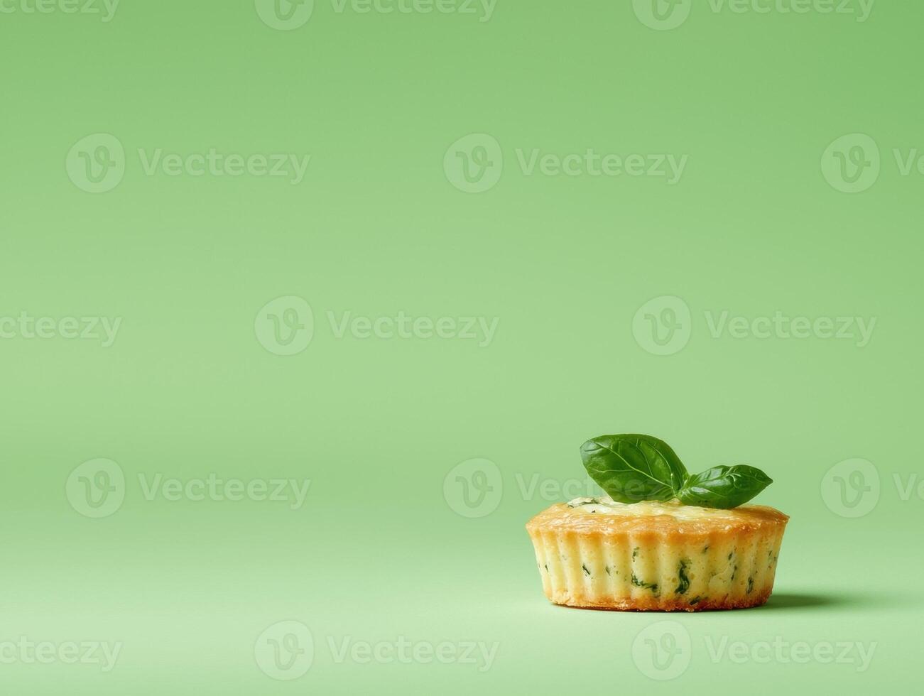 Savory spinach and cheese muffin with basil garnish on green background photo