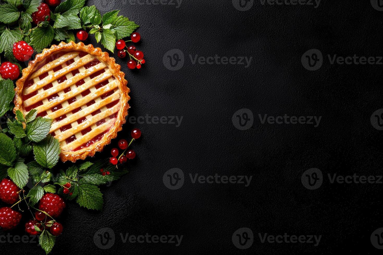 Delicious raspberry pie with lattice crust, surrounded by fresh raspberries and red currants photo
