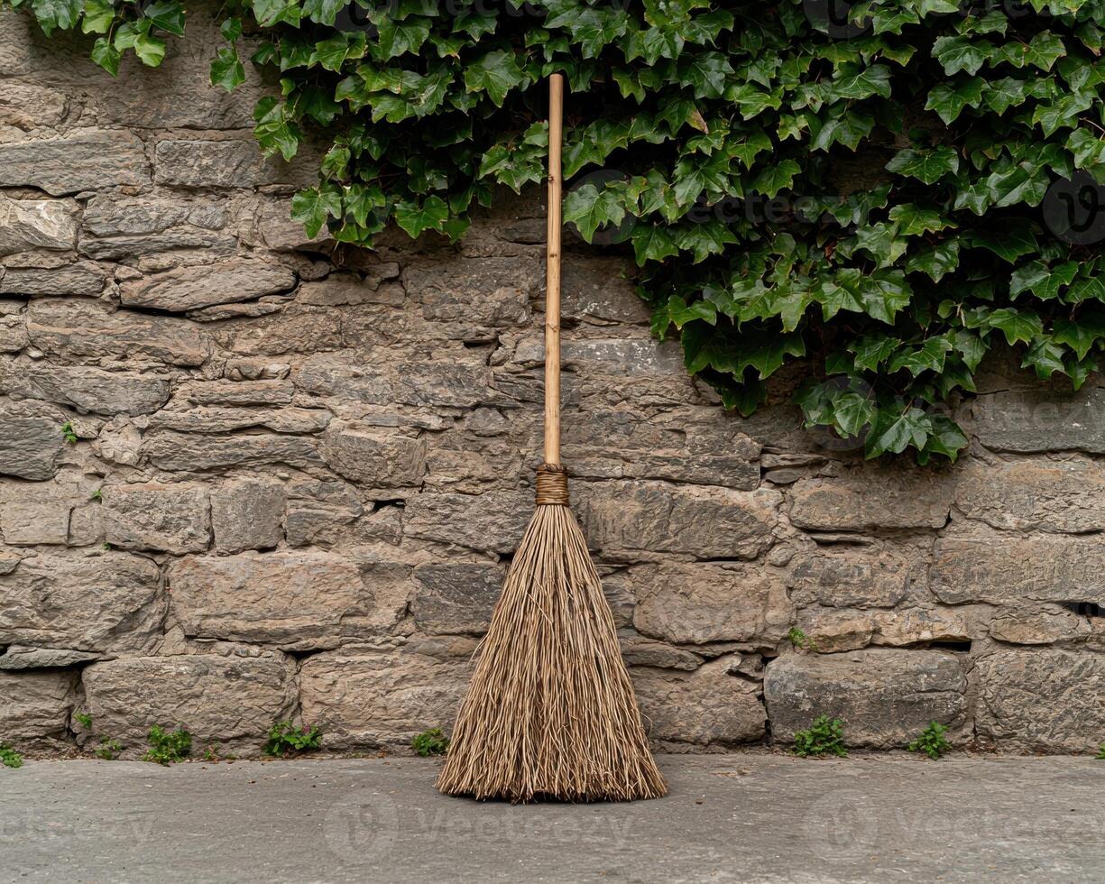 A rustic broom leans against a stone wall covered in ivy. photo
