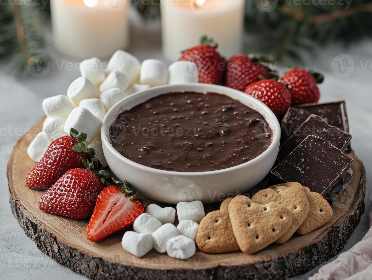 Chocolate fondue with marshmallows, strawberries, and cookies photo