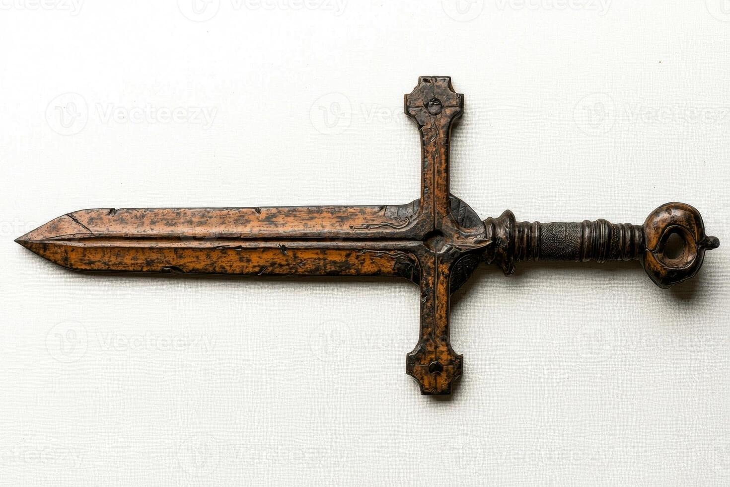 Ornate wooden sword on white background photo