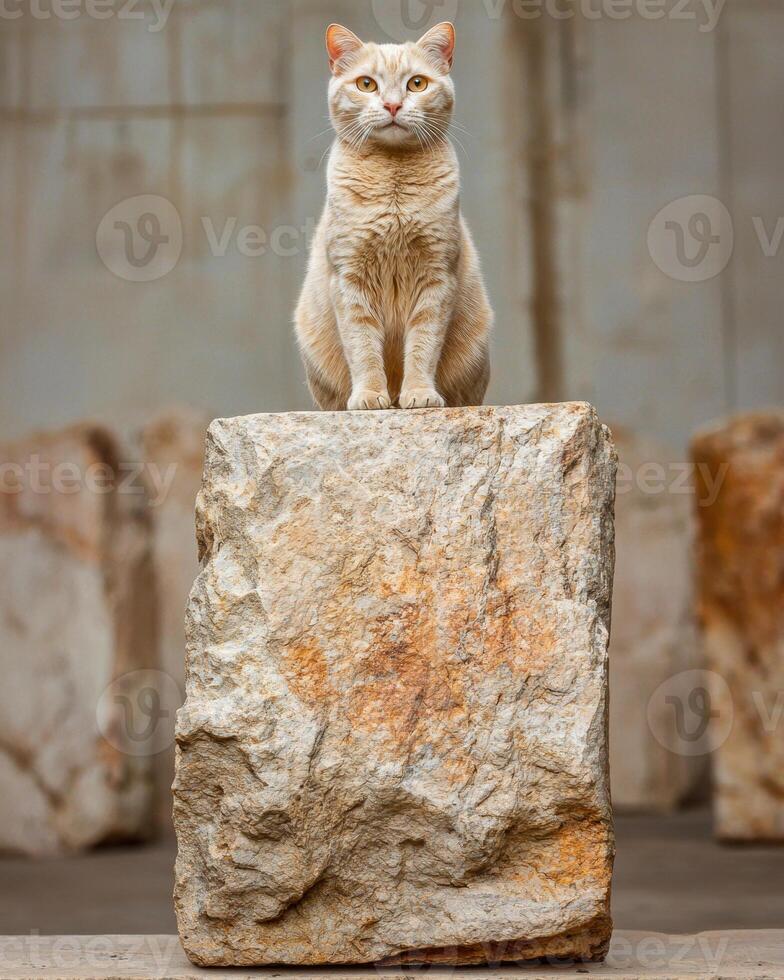 Orange tabby cat sitting on a rock photo