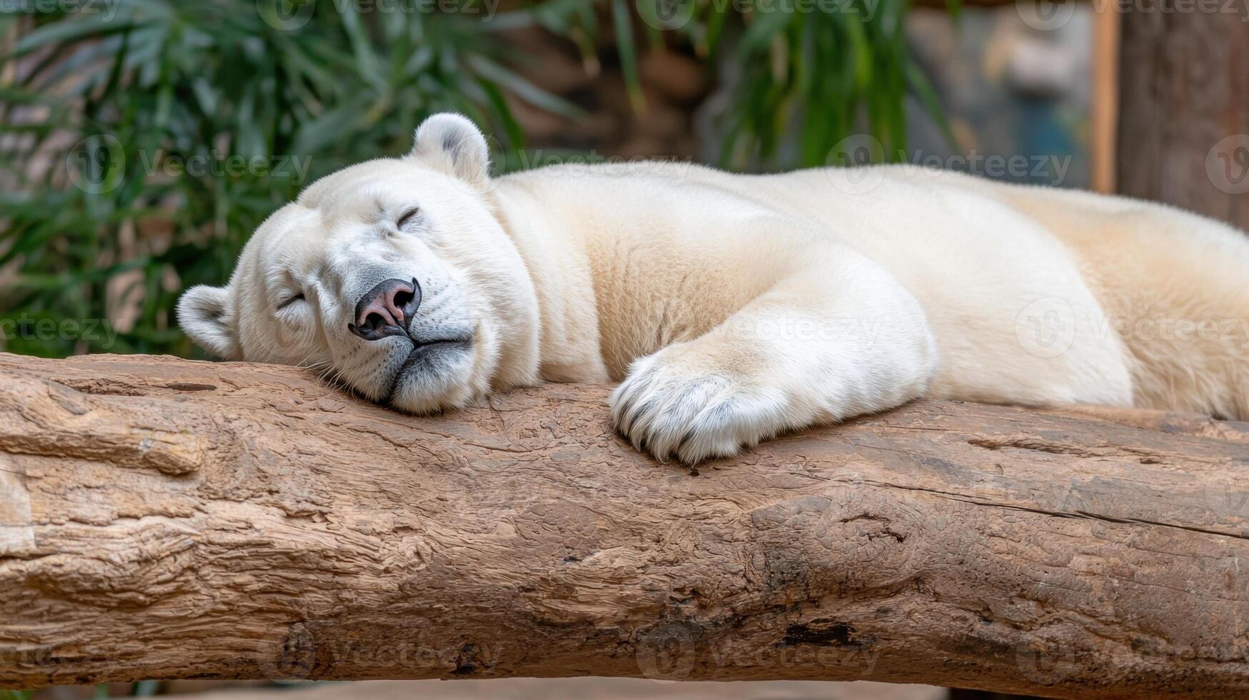 Polar bear sleeping peacefully on a log photo
