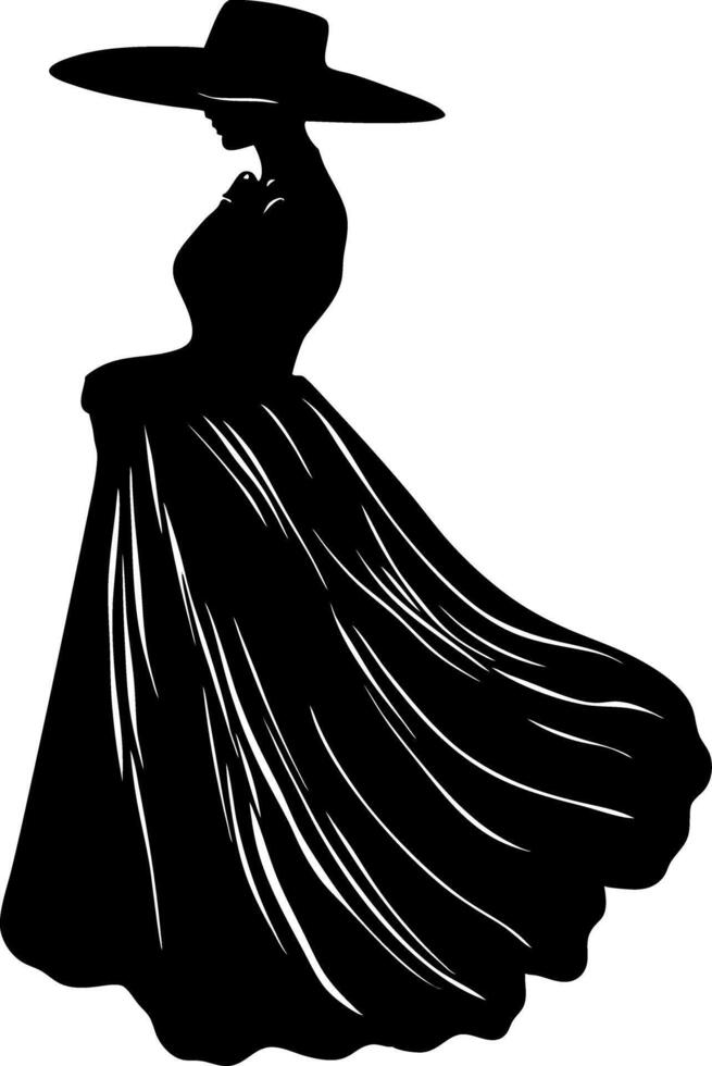 Elegant Silhouette Lady in Flowing Gown and Wide-Brimmed Hat Art vector