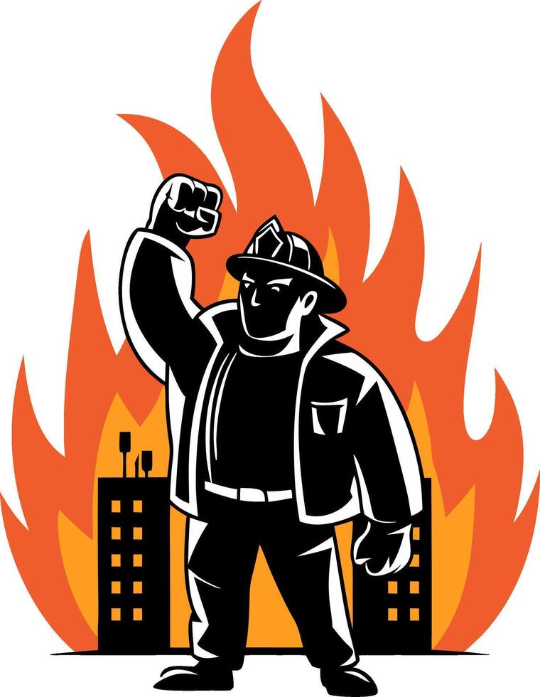 Firefighter Heroic Pose with Blazing Flames and City Background Illustration vector