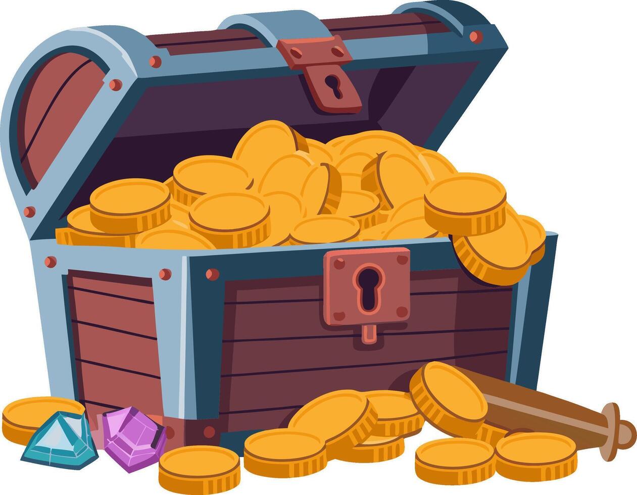 Treasure Chest Overflowing with Gold Coins and Gems Illustration vector