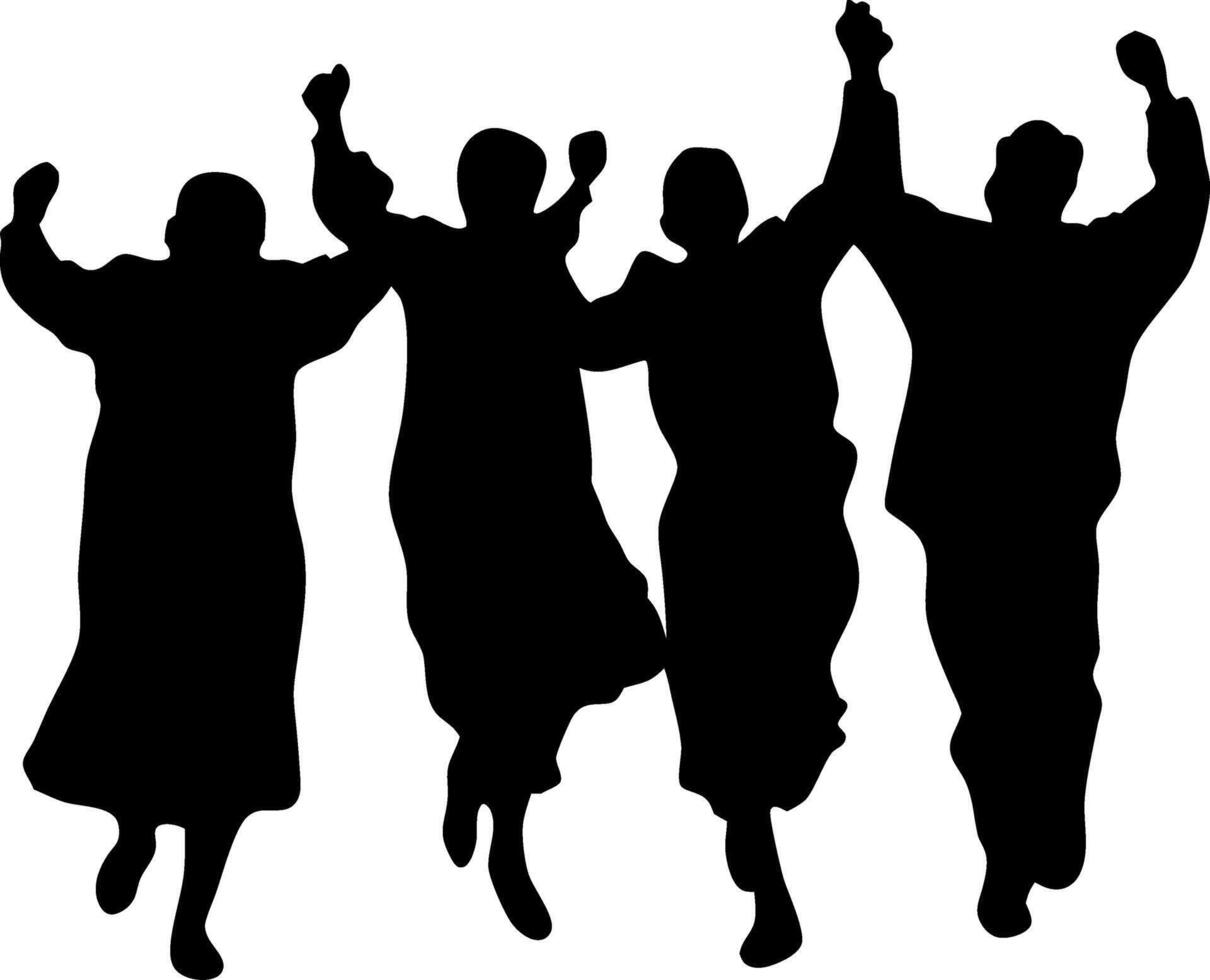 Silhouette of Diverse People Celebrating Unity and Freedom in Group Jump vector