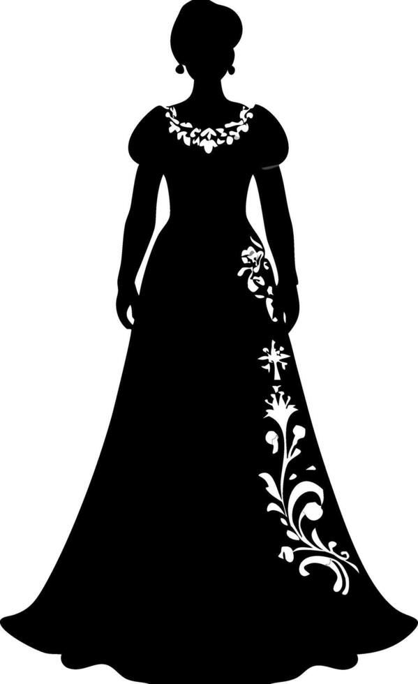Elegant Silhouette Woman in Vintage Gown with Floral Design Art vector