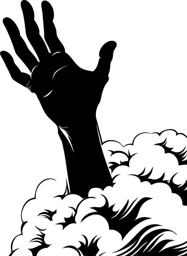 Dark Silhouette of Hand Emerging from Dramatic Clouds Art vector