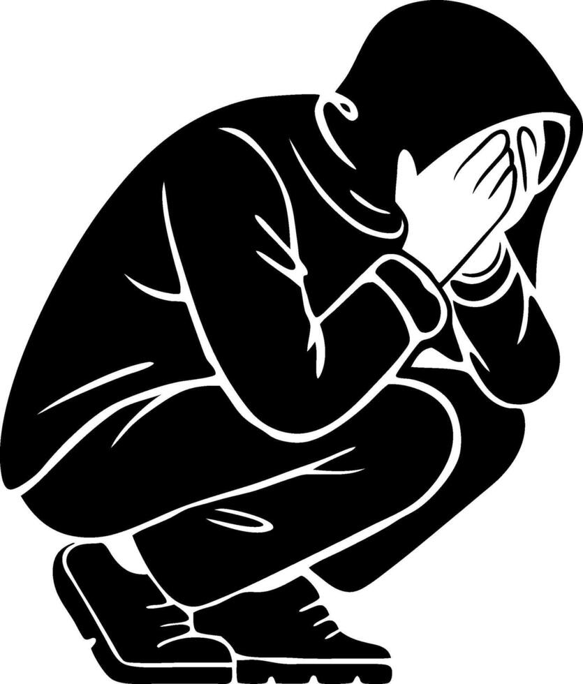 Illustration Depressed Person Crouching Hoodie Hands Face Symbolizing Sadness vector