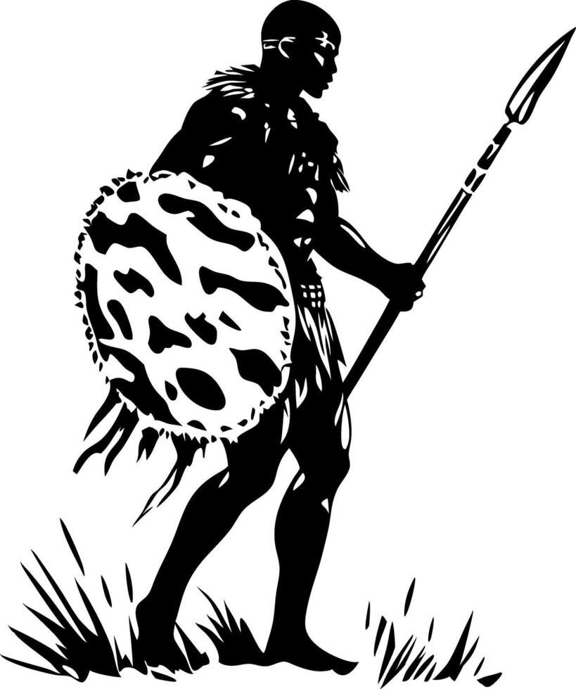 African Warrior Silhouette with Spear and Shield Art vector