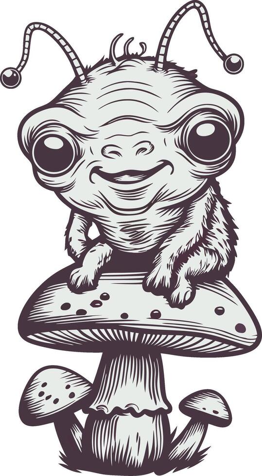 Cute Alien Creature on Mushroom Fantasy Art for Illustrations and Coloring Books vector