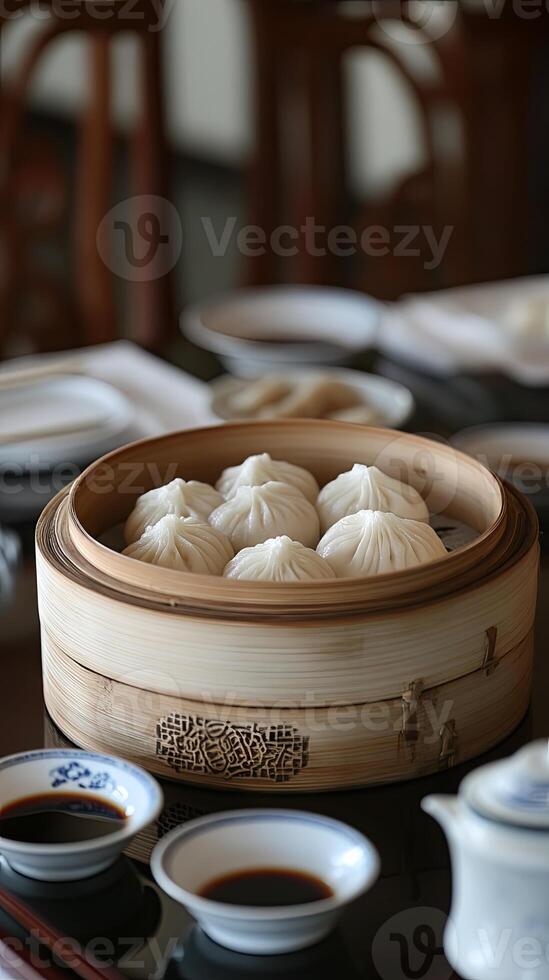Steamed Dumplings in Bamboo Steamer - Exquisite Asian Cuisine photo