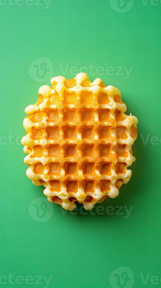Golden Crispy Waffle on Green Background photo