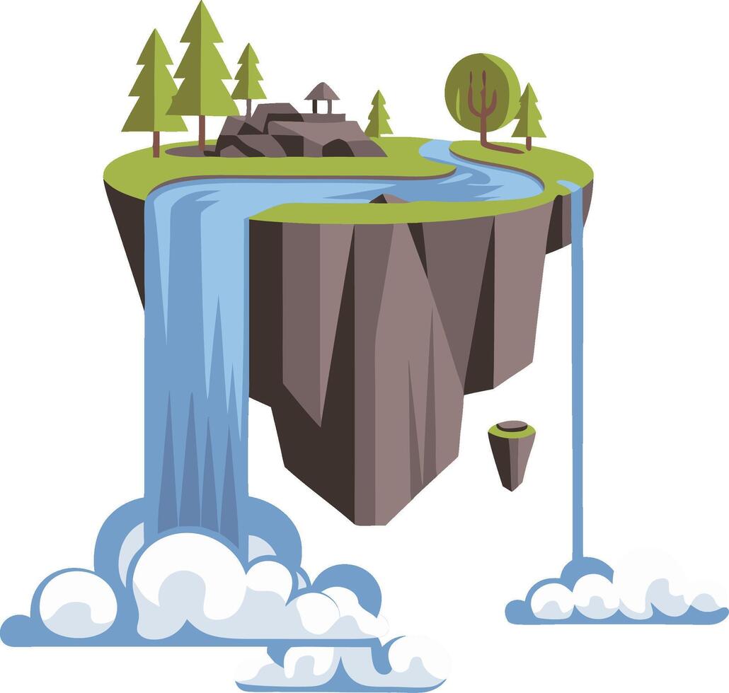 Floating Island with Waterfall and Pine Trees Art vector