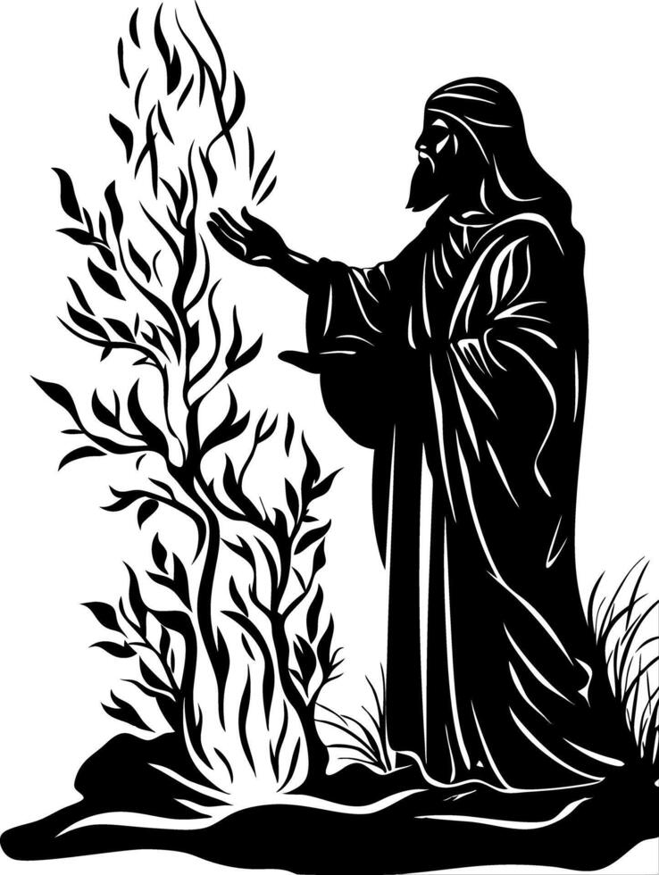 Mystical Figure with Fiery Bush Biblical Design for Spiritual Art and Tattoos vector