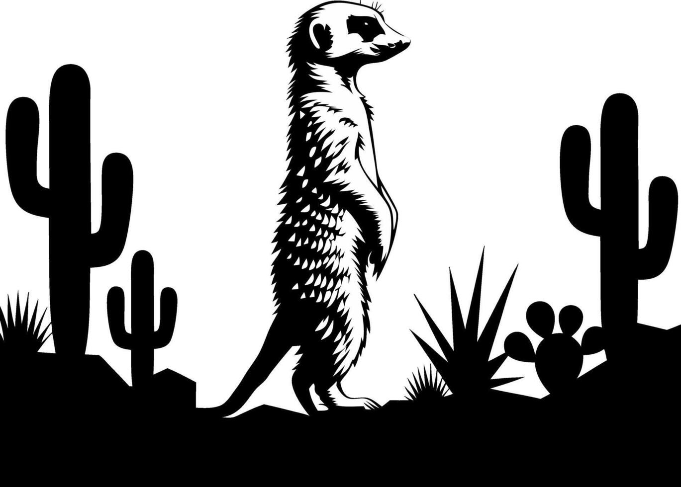 Meerkat Silhouette in Desert Landscape with Cacti Illustration vector