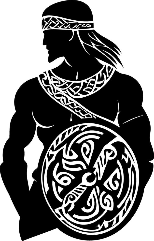 Celtic Warrior Silhouette with Shield and Ornate Patterns for Design and Tattoo Use vector