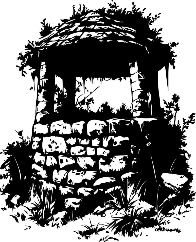Ancient Stone Well with Overgrown Vegetation Art for Illustrations and Designs vector