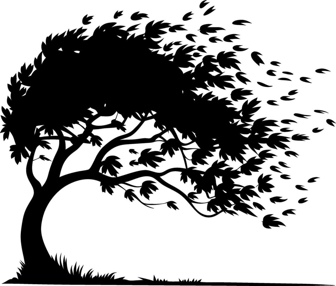 Windy Tree Silhouette with Leaves Blowing Art for Nature Designs vector