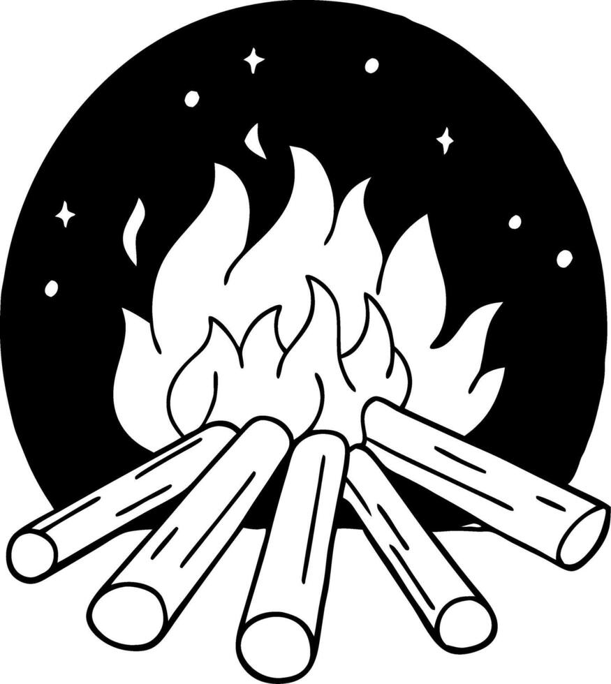 Campfire Illustration with Flames and Logs under Starry Night for Tattoo or Coloring Book vector