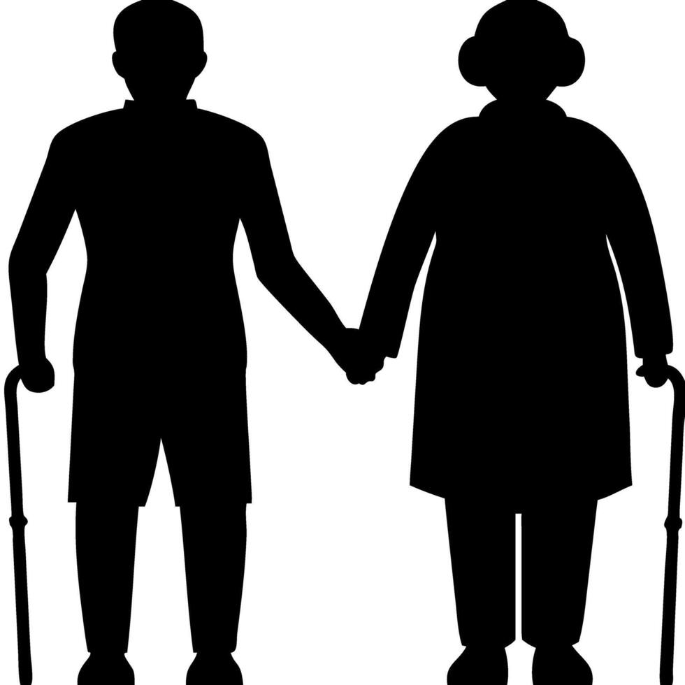 Elderly Couple Silhouette Holding Hands Walking with Canes Illustration vector