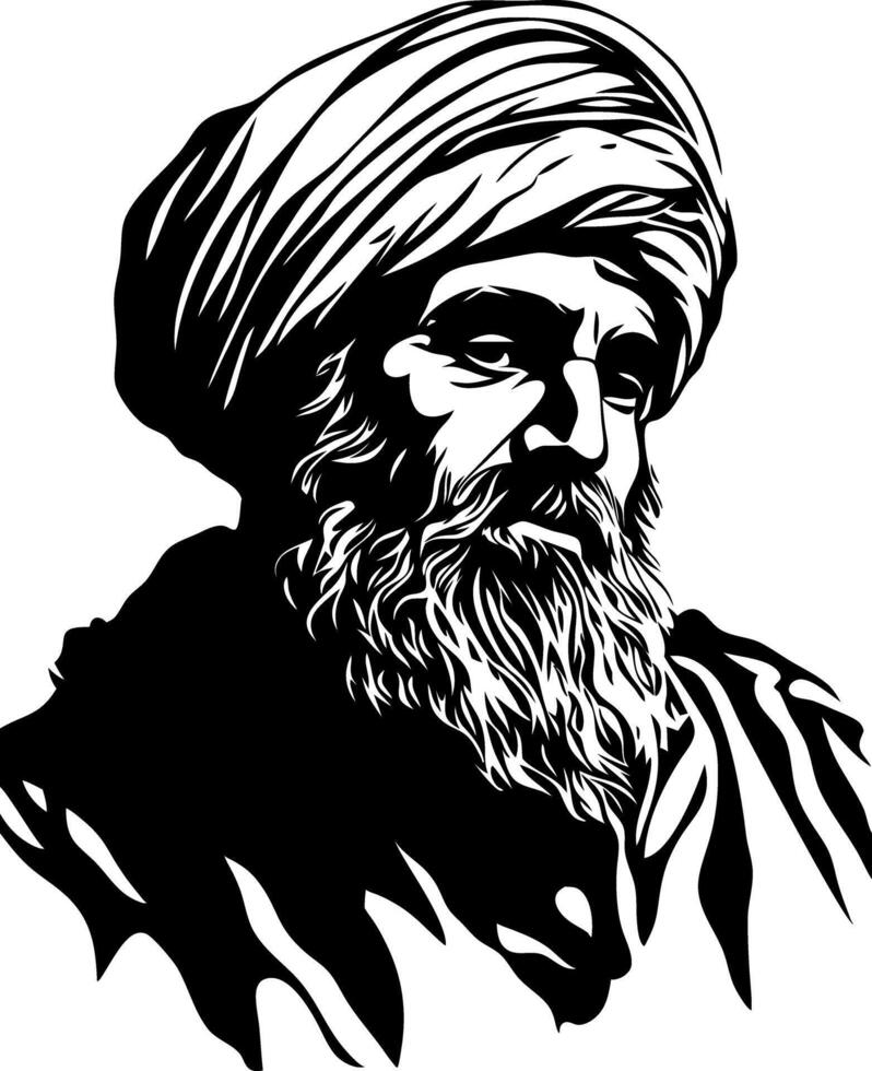 Detailed Black and White Bearded Man Illustration with Turban for Tattoos or Art vector