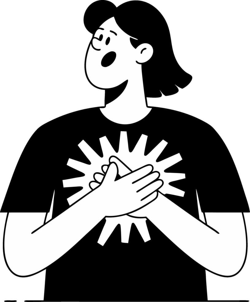 Person Expressing Emotion Holding Heart Symbol in Monochrome Illustration vector