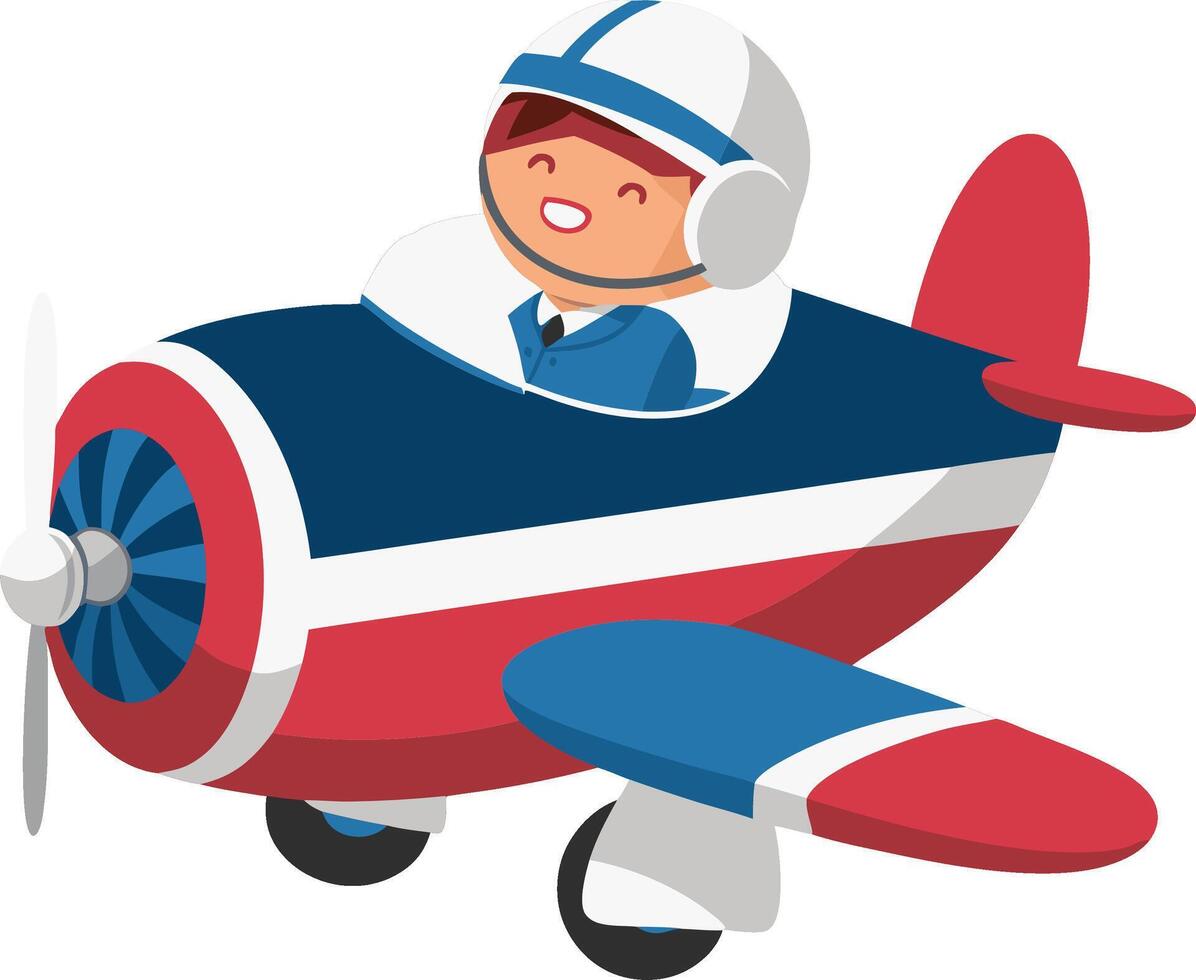 Adorable Cartoon Kid Pilot in Red and Blue Toy Airplane Illustration vector