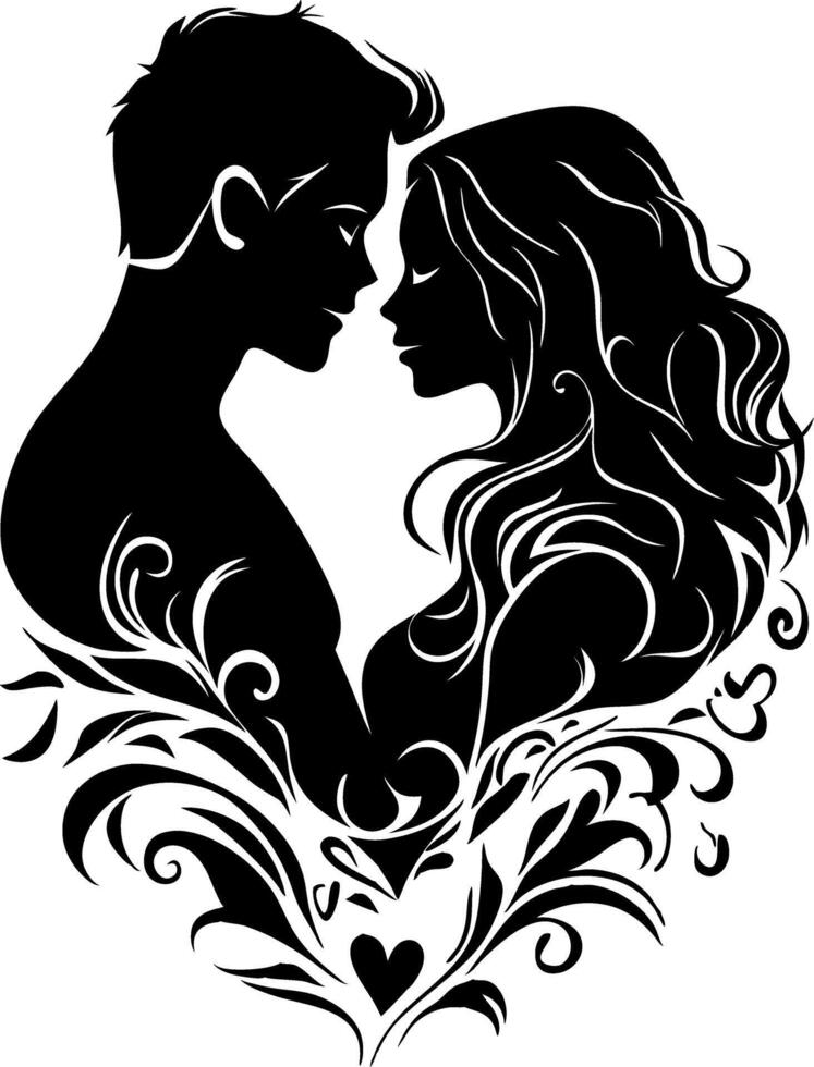 Romantic Couple Silhouette Embracing with Heart Design vector