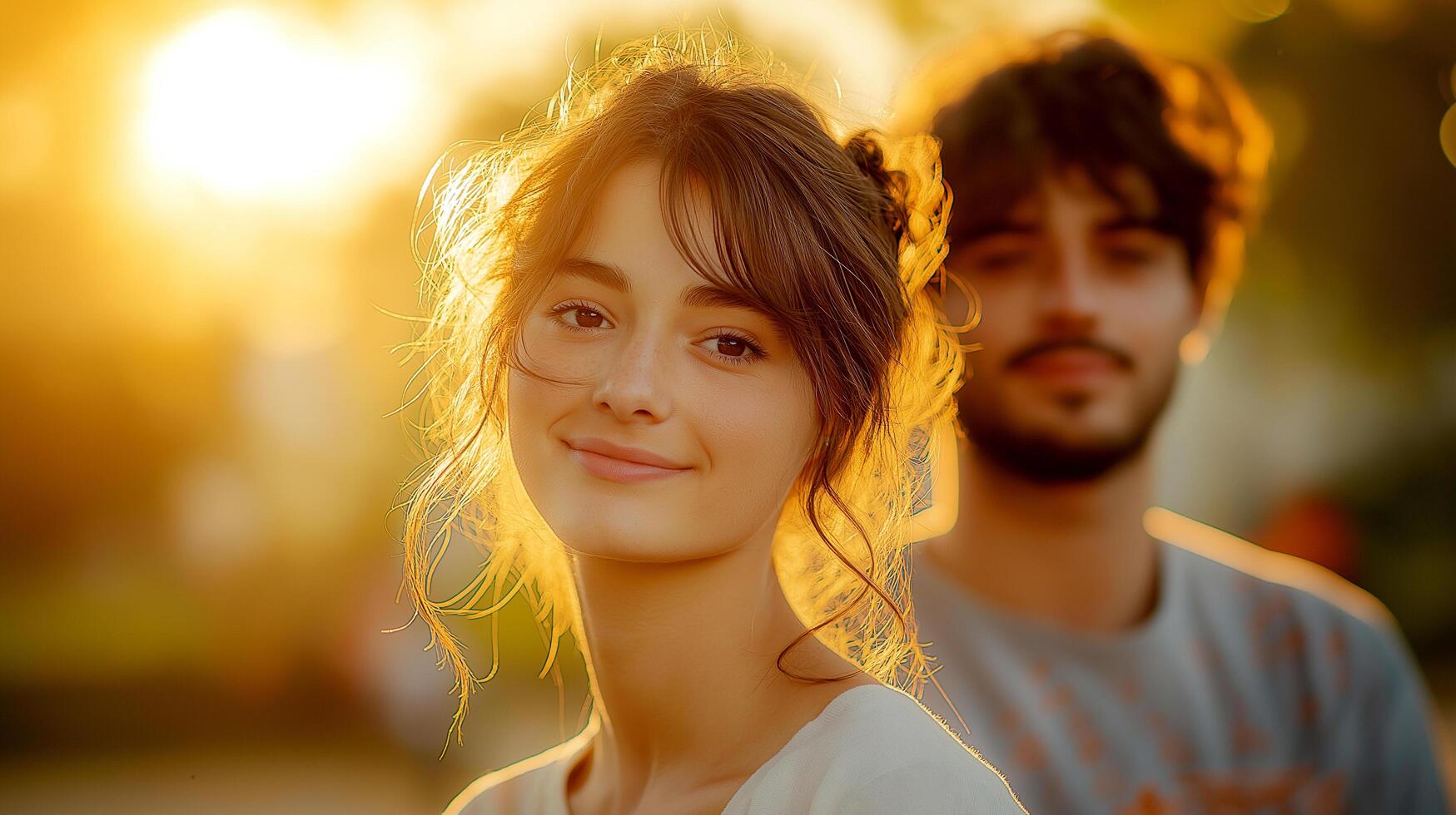 Young couple enjoying golden hour, smiling warmly at each other in a sunlit outdoor setting during summer photo