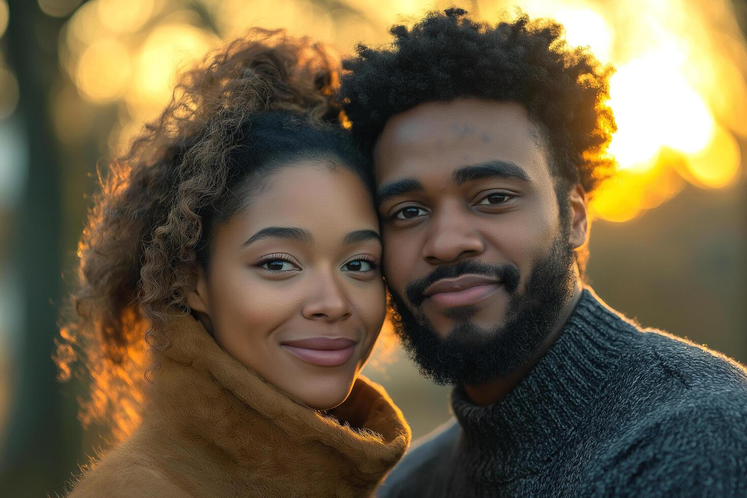 Couple enjoys a warm embrace during sunset in a serene outdoor setting photo