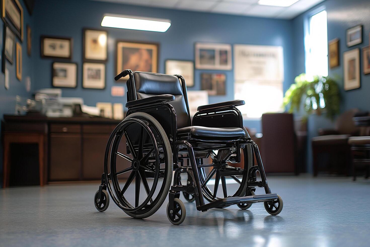 A black wheelchair is prominently displayed in an inviting indoor space filled with framed pictures. The room has natural light, promoting a welcoming environment for individuals needing support. photo