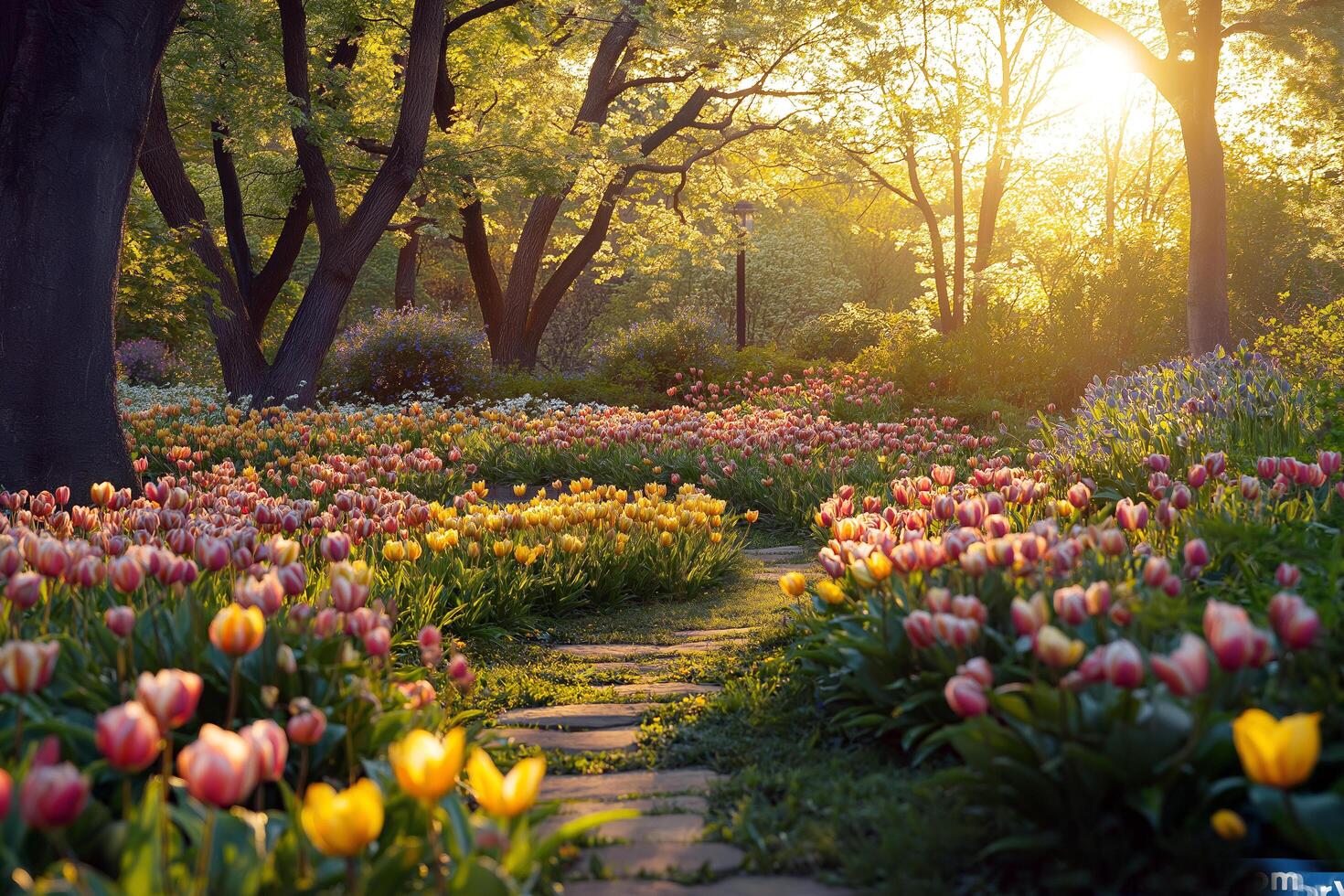 A lush garden filled with colorful tulips blooms under the warm glow of the setting sun. A winding pathway invites strolls through nature's beauty, embraced by tall trees. photo