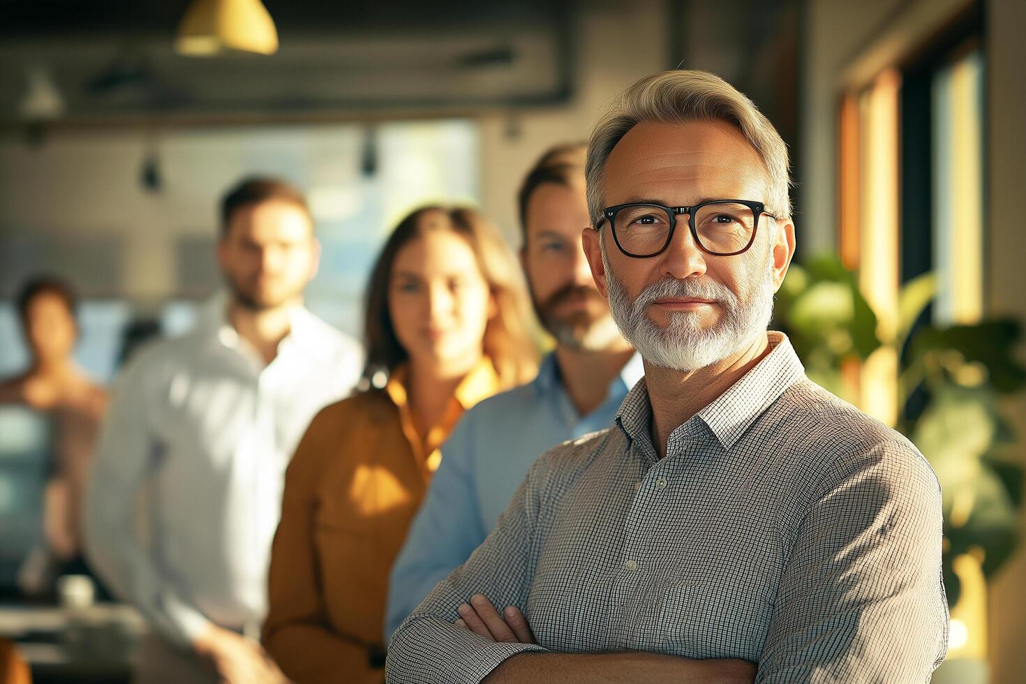 Five professionals are positioned in a bright office, showcasing a confident atmosphere. The leader in the forefront has gray hair and glasses, exuding experience. photo