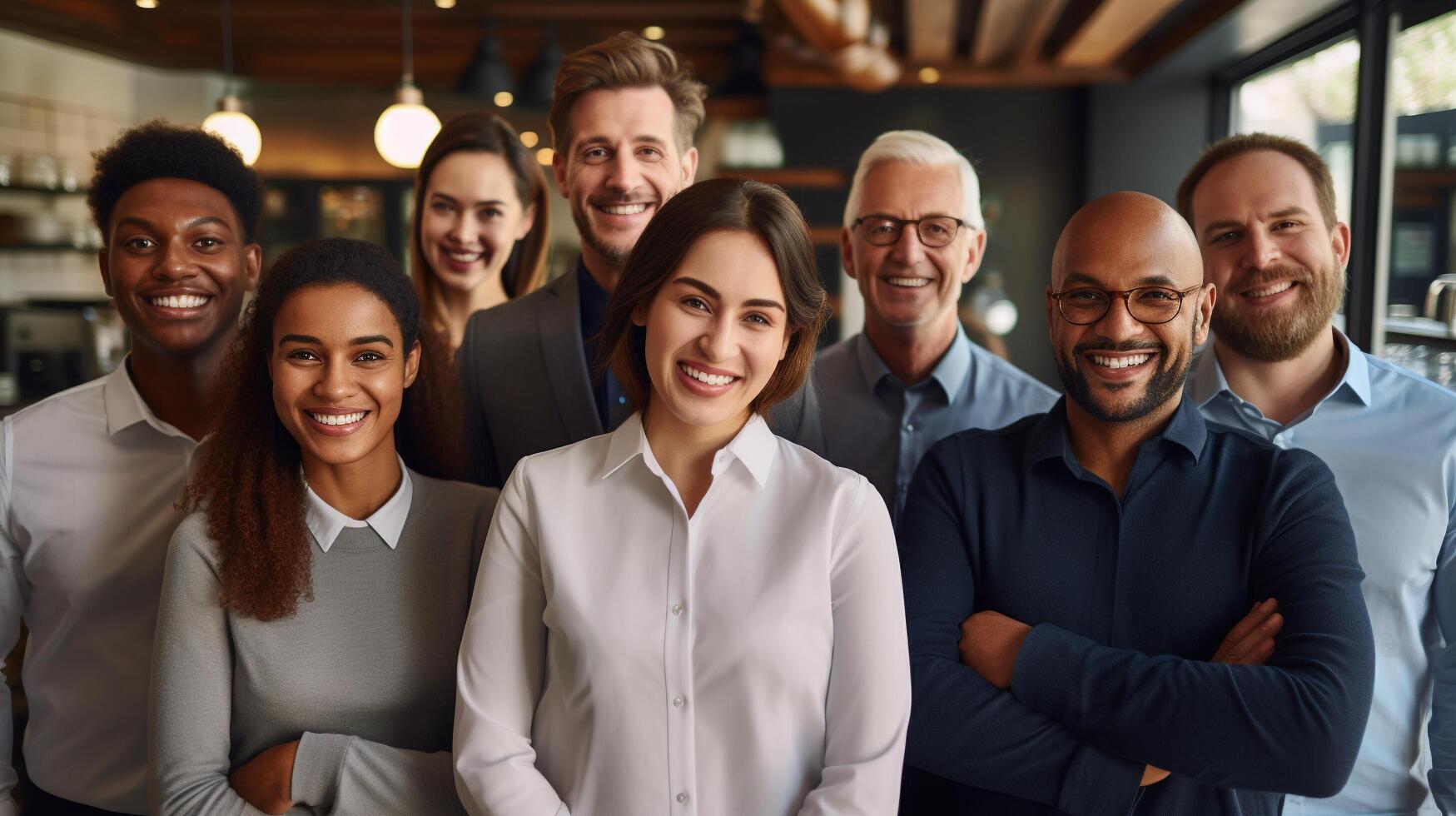 A diverse group of smiling professionals stands together in a brightly lit contemporary office. They showcase camaraderie and teamwork during a corporate gathering. photo