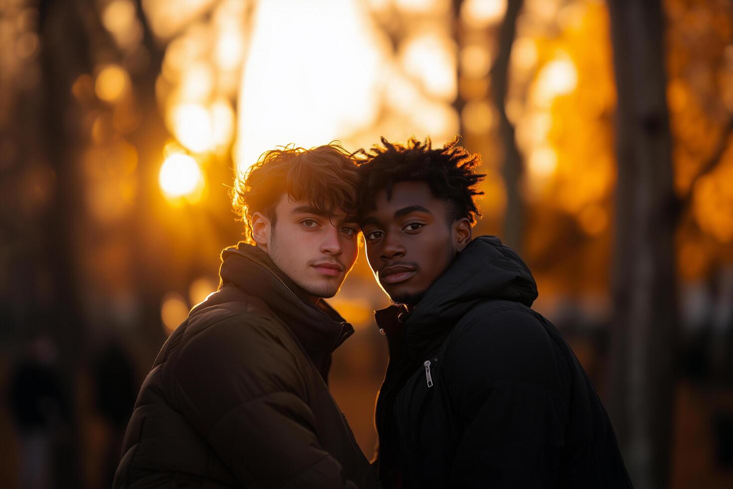 Two young men stand closely in a park as the sun sets behind them, casting a warm glow. The atmosphere reflects friendship and the beauty of autumn. photo