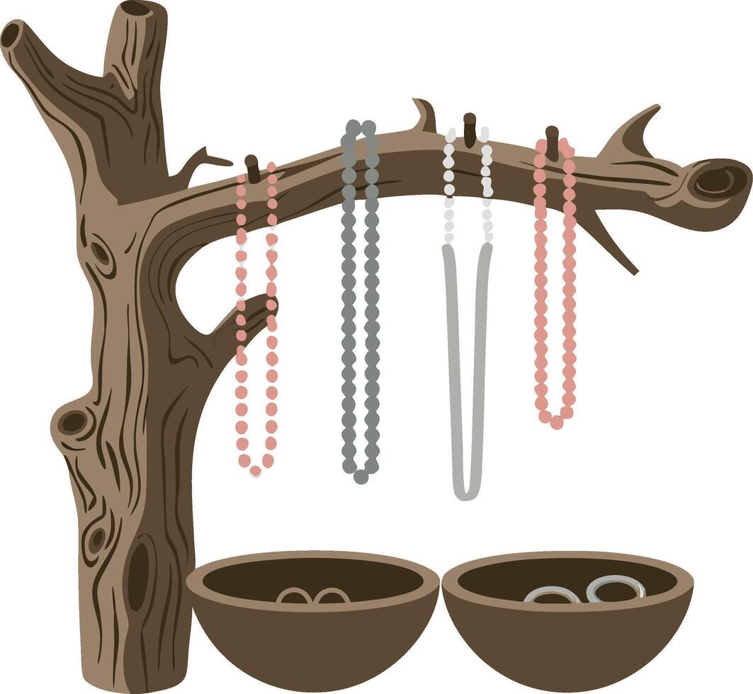 Natural Jewelry Stand Tree Branch with Colorful Beaded Necklaces and Bowls vector