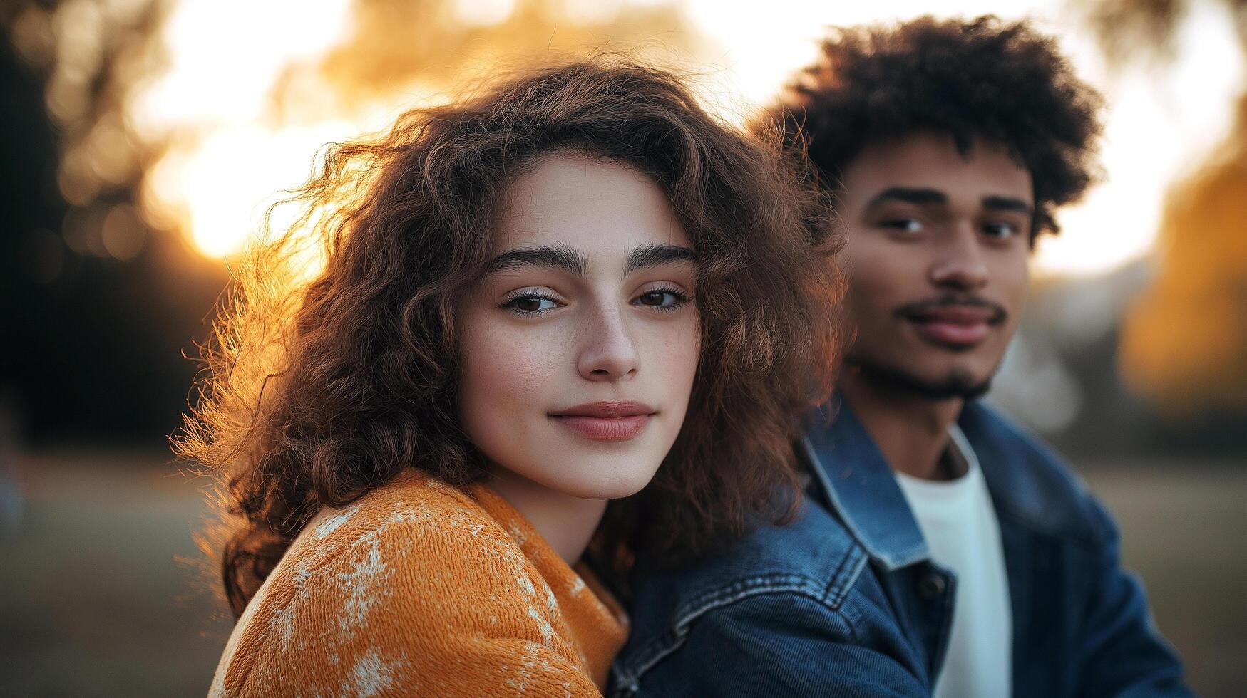 A young couple sits together in a park during sunset, surrounded by warm golden light. They share a relaxed moment, exuding joy and connection in their expressions. photo