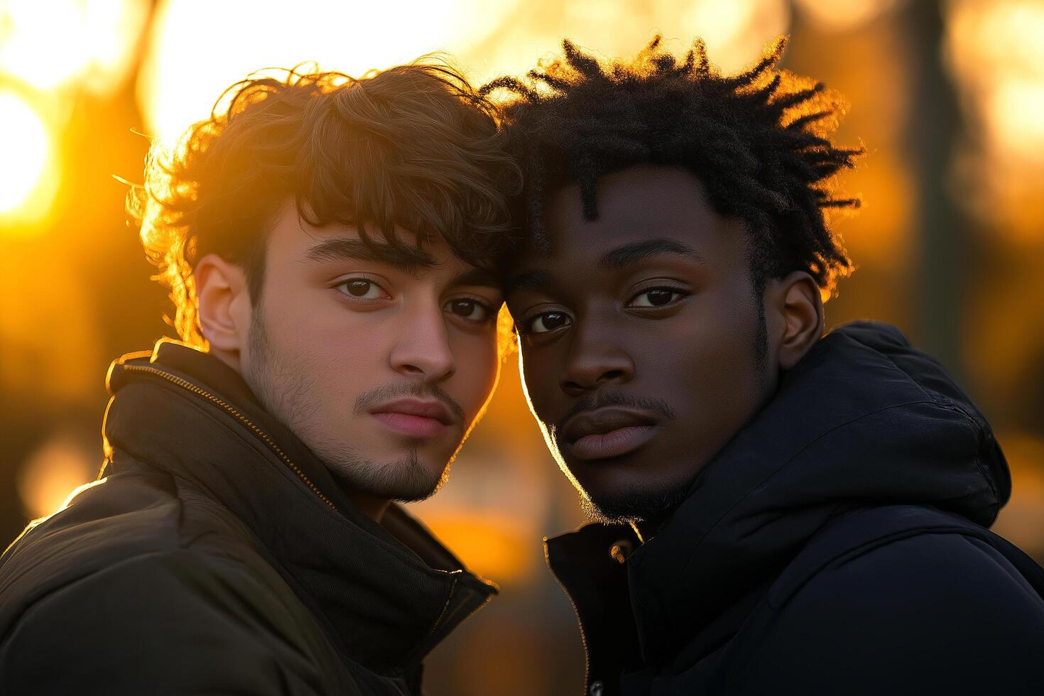Two friends stand closely together in a park during sunset, their faces illuminated by warm golden light. The serene atmosphere highlights their strong bond and connection. photo