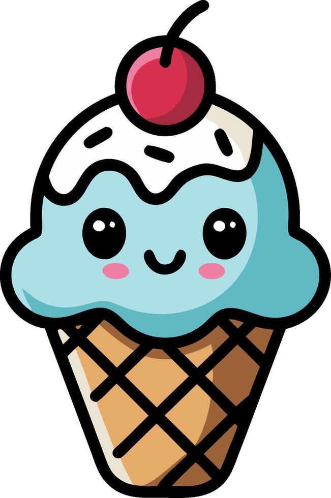 Cute Kawaii Ice Cream Cone with Cherry Topping for Kids and Fun Designs vector
