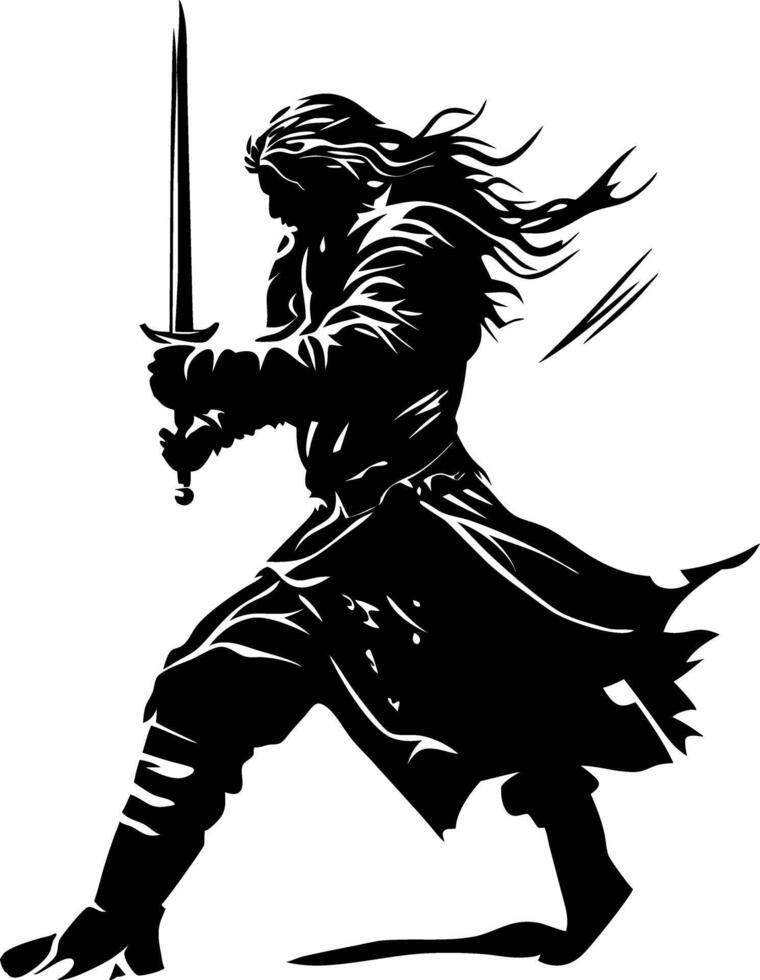 Warrior Silhouette with Sword Epic Art for Tattoo Design or Fantasy Story Illustrations vector