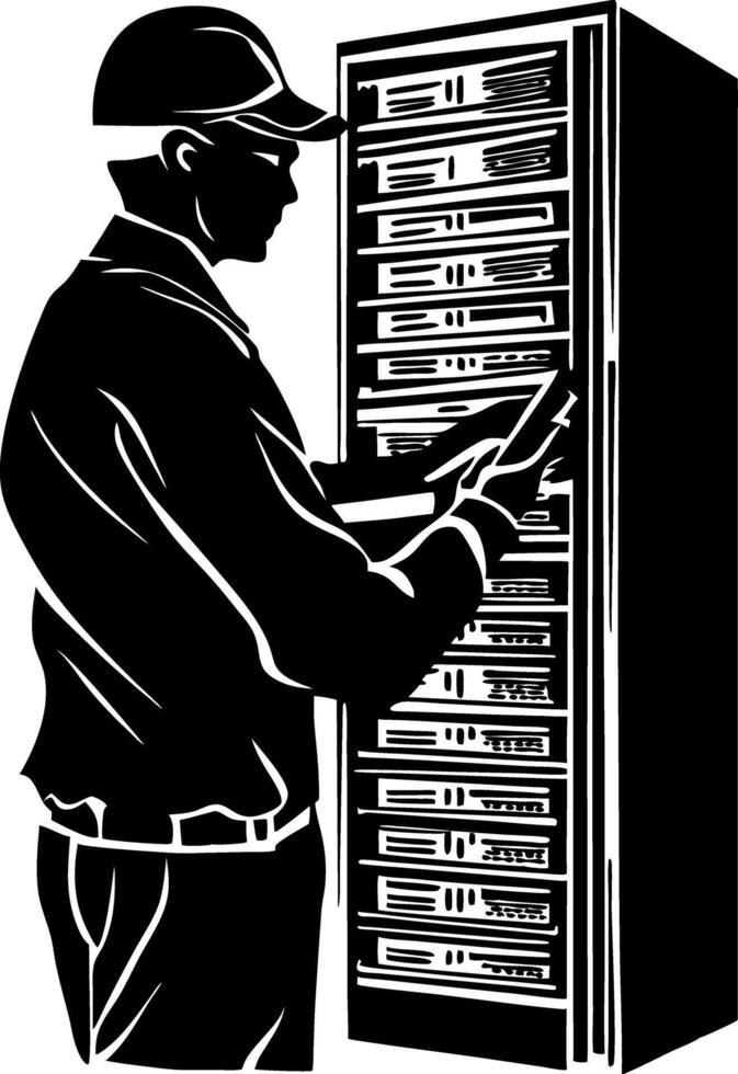 IT Technician Maintaining Server Room Network Illustration vector