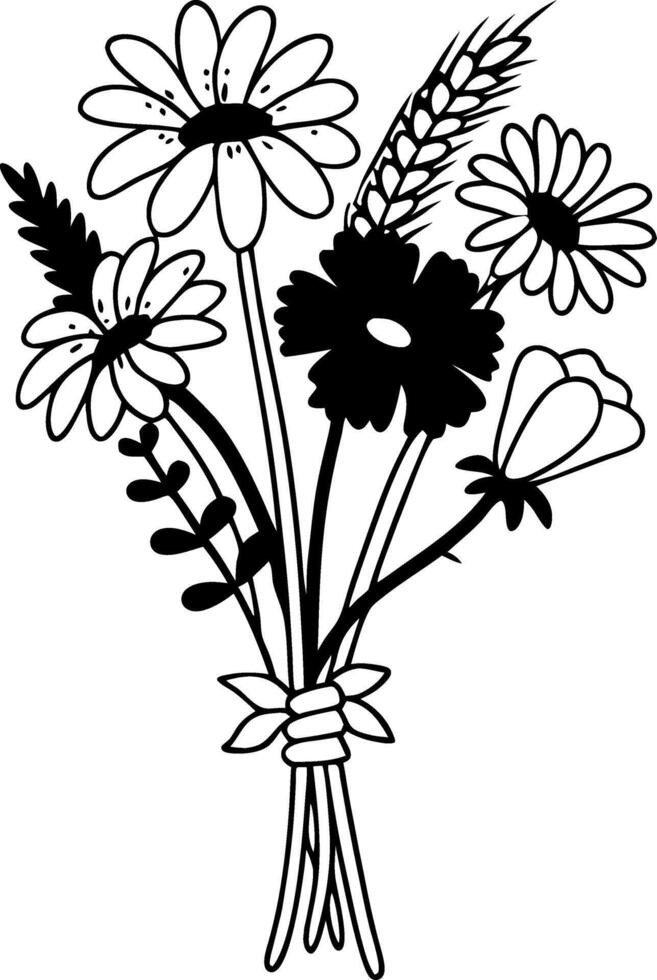 Black and White Floral Bouquet Illustration for Tattoo and Coloring Books vector