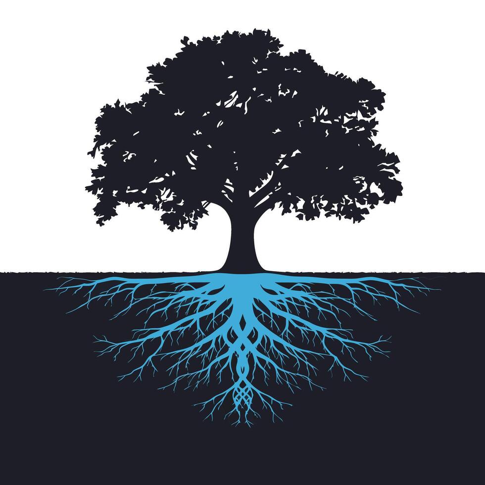 Tree Silhouette with Blue Roots Symbolizing Growth Connection Nature vector